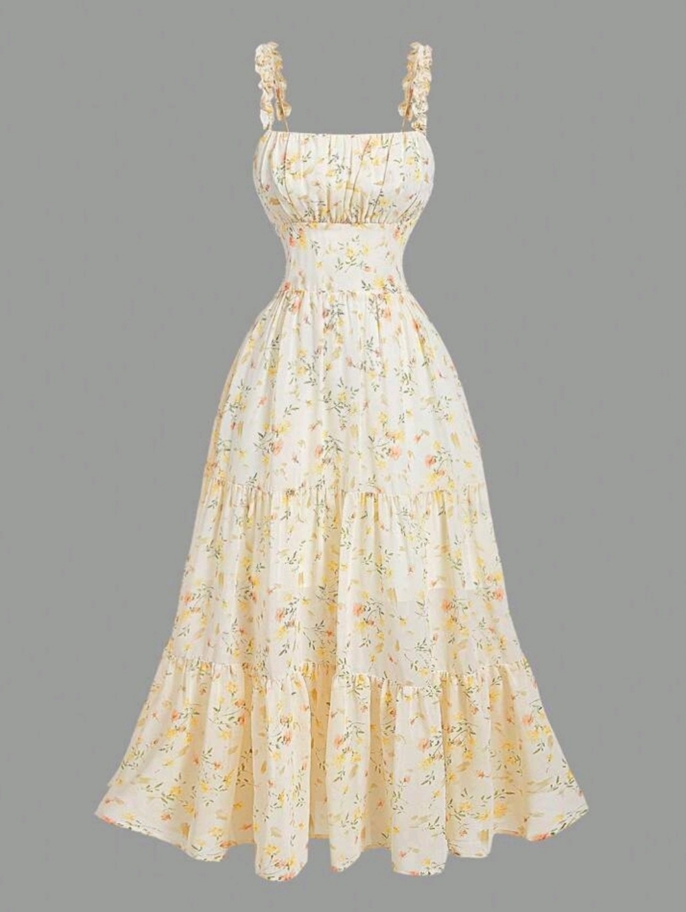 NWOT Floral Ruffled Strap Midi Dress - Cream with Yellow Size M